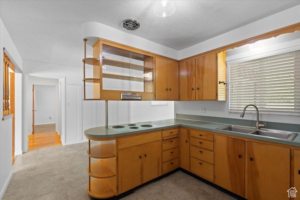Kitchen featuring a sink, open shelves, a peninsula, white electric stovetop, and light floors