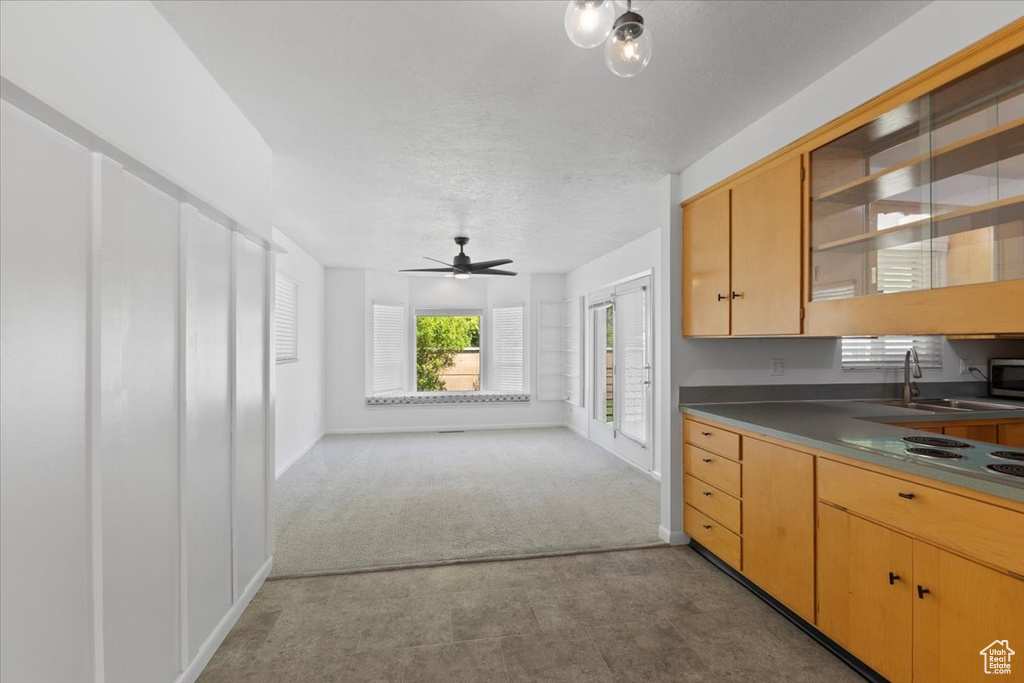 Kitchen with a sink, a ceiling fan, carpet flooring, dark countertops, and stainless steel microwave