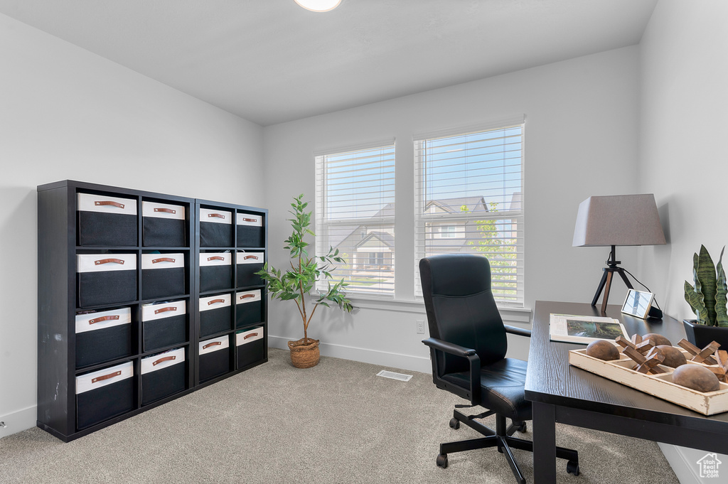 Carpeted home office with baseboards