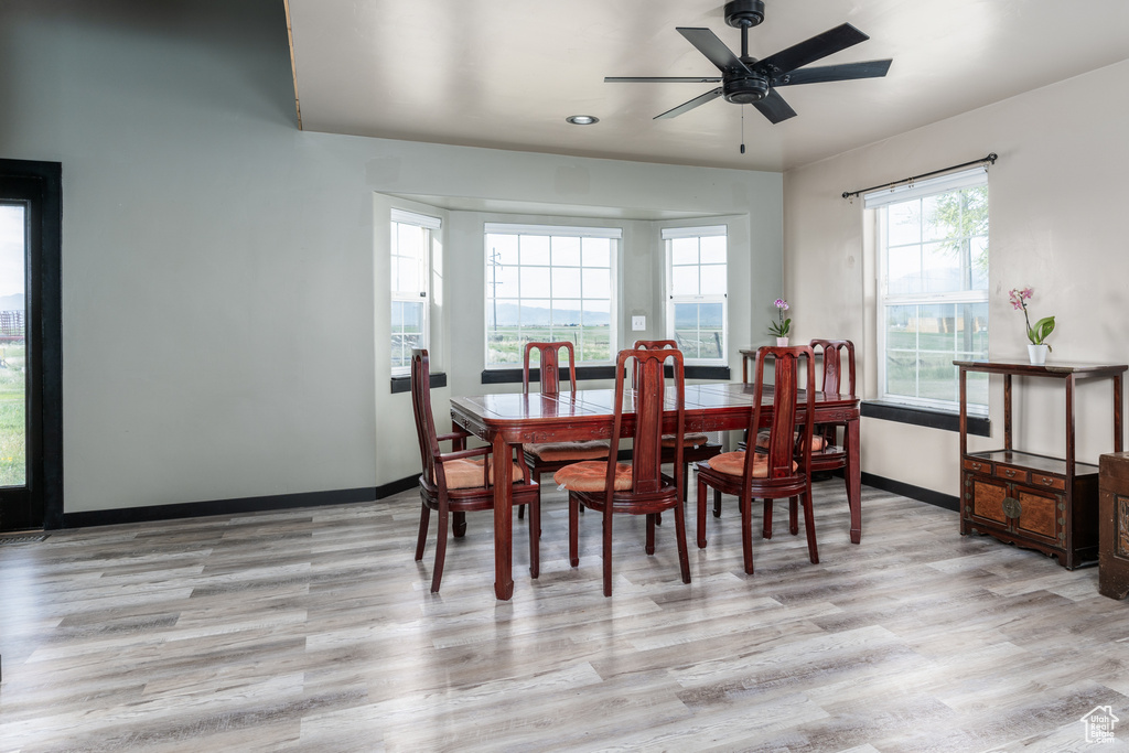 Dining room featuring light wood-style flooring, baseboards, and a ceiling fan