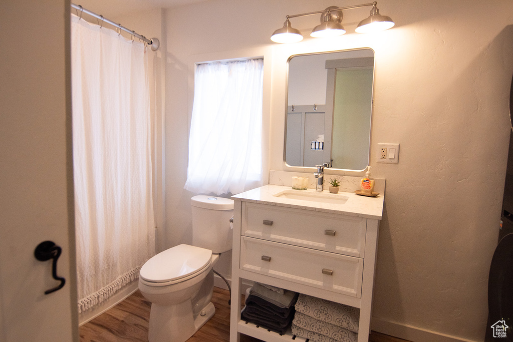 Bathroom featuring toilet, wood finished floors, vanity, and a shower with shower curtain