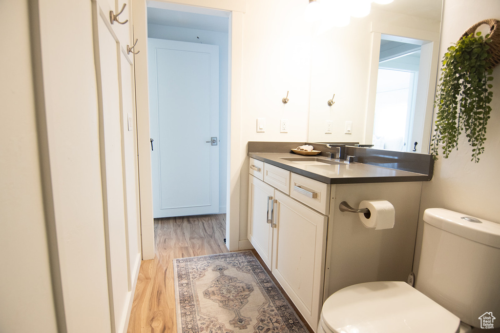 Bathroom with toilet, wood finished floors, and vanity