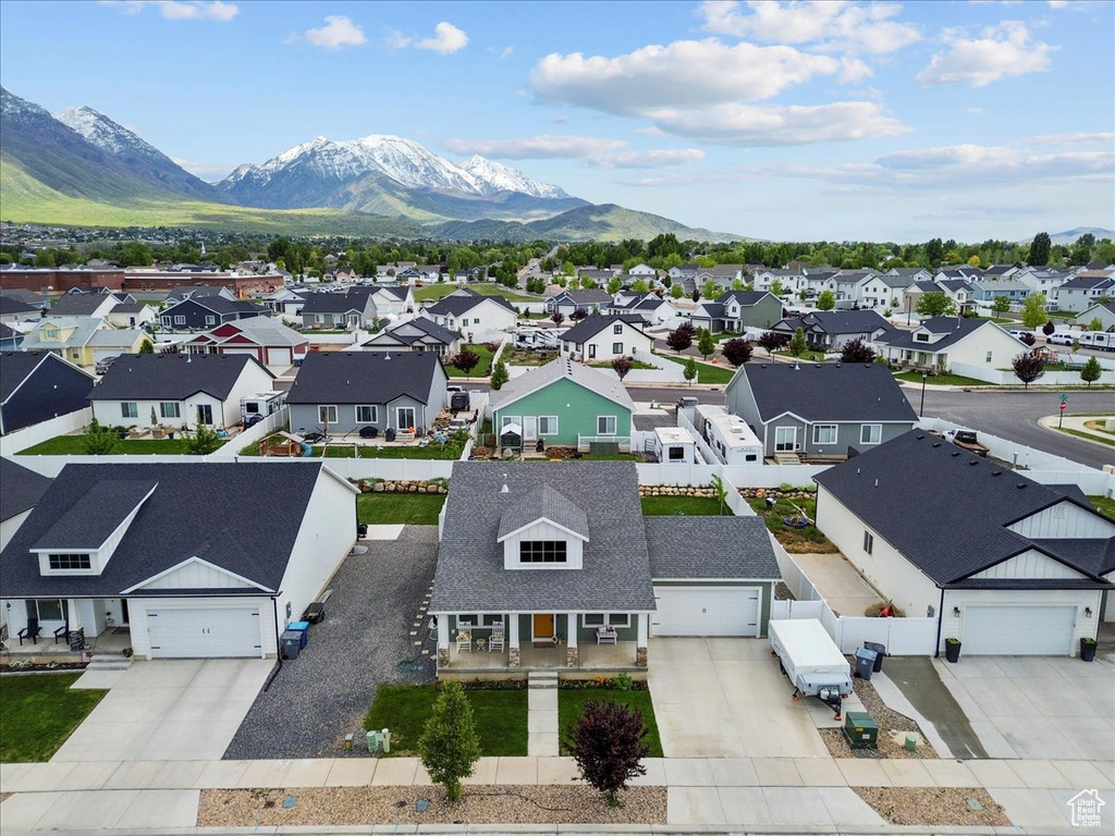 Aerial perspective of suburban area with mountains