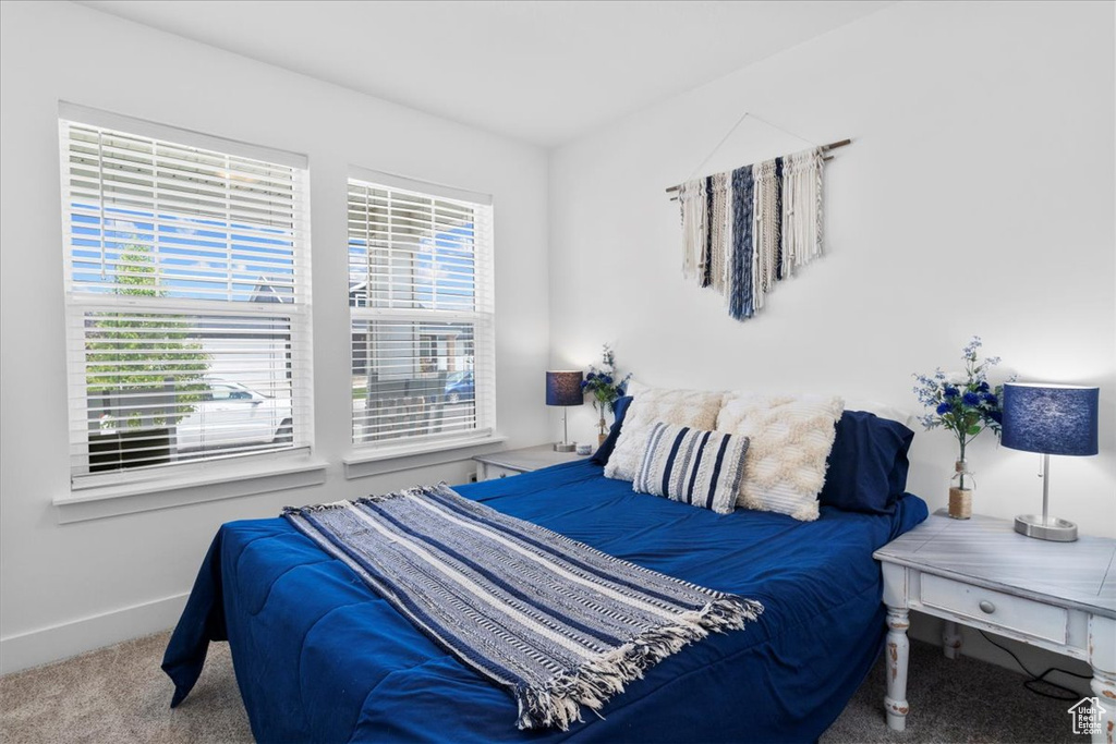 Bedroom with carpet flooring and baseboards