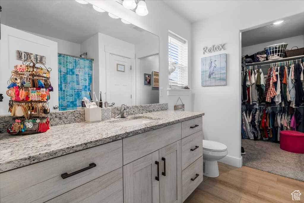 Full bath featuring wood finished floors, toilet, vanity, a spacious closet, and a shower with shower curtain