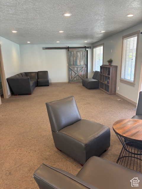 Carpeted living area featuring a barn door, a textured ceiling, baseboards, and recessed lighting