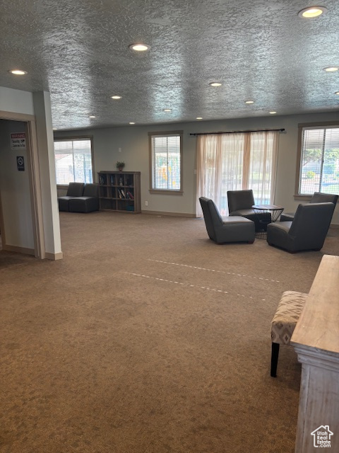 Carpeted living area with recessed lighting and baseboards