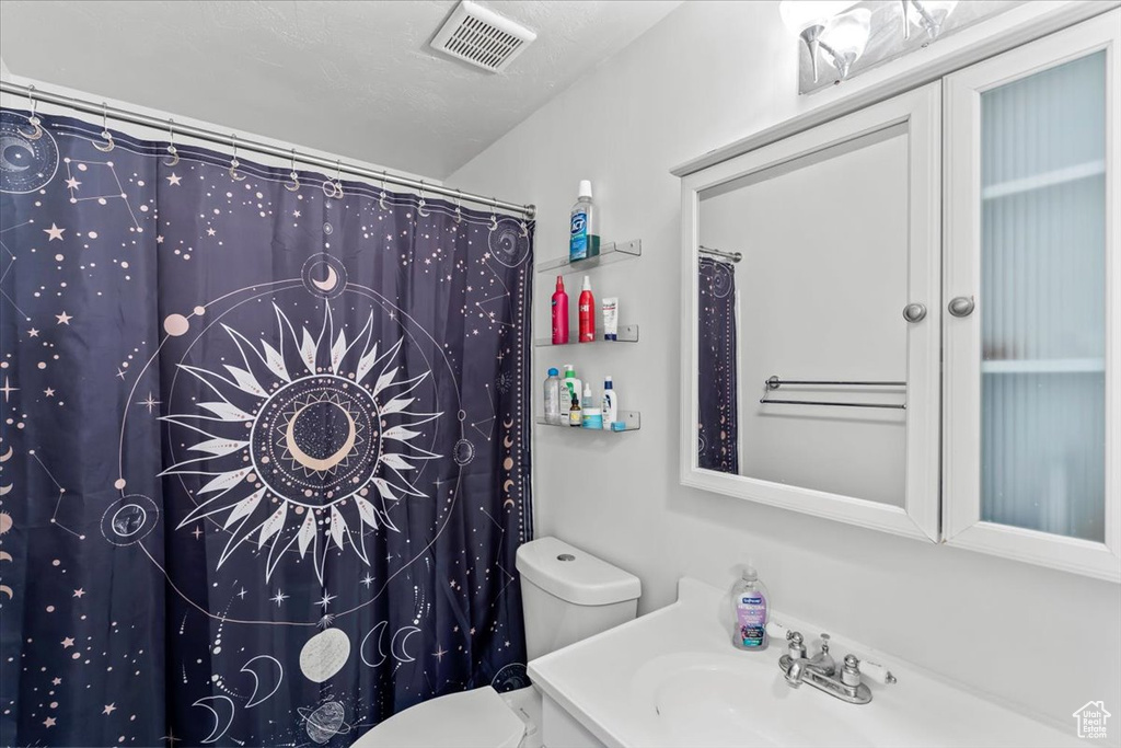 Bathroom with toilet, vanity, and a shower with shower curtain