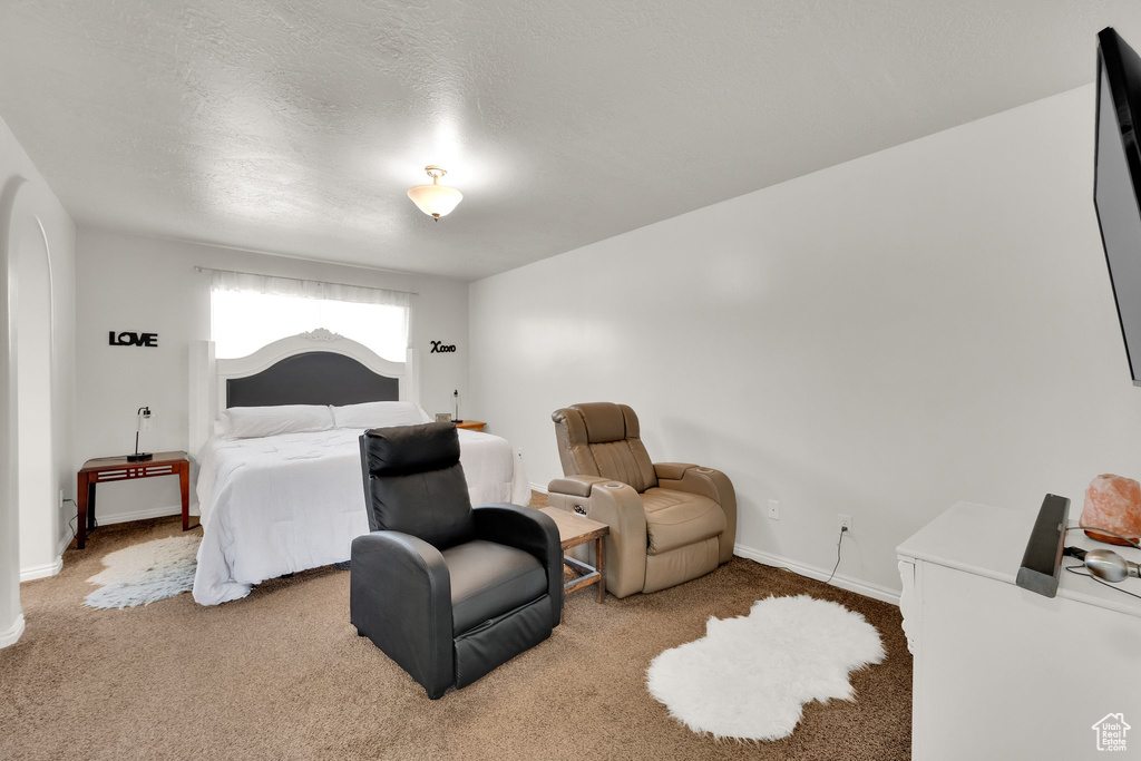 Bedroom with carpet, baseboards, and arched walkways