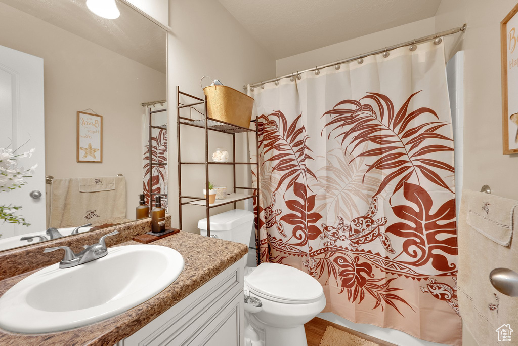 Full bath featuring toilet, vanity, curtained shower, and wood finished floors