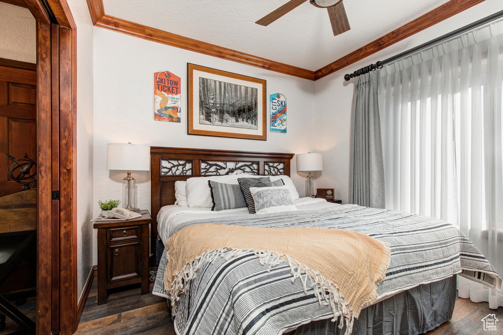 Bedroom with dark wood finished floors, ornamental molding, and a ceiling fan