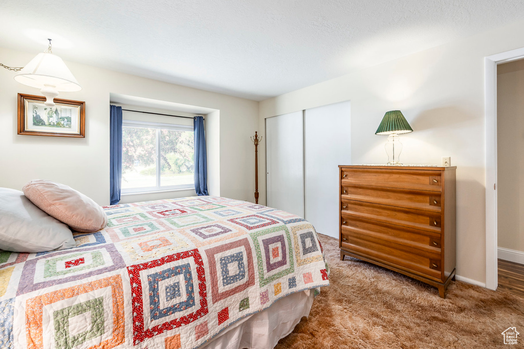 Carpeted bedroom featuring a closet and baseboards
