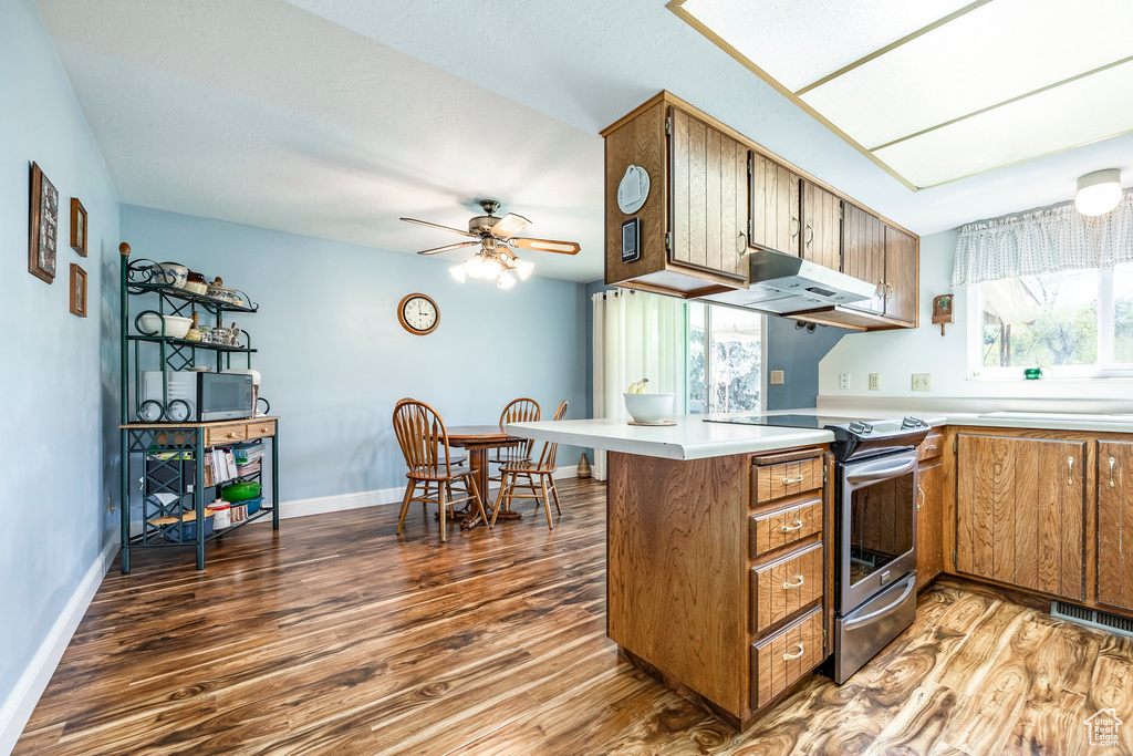 Kitchen with stainless steel electric range oven, under cabinet range hood, wood finished floors, and a peninsula
