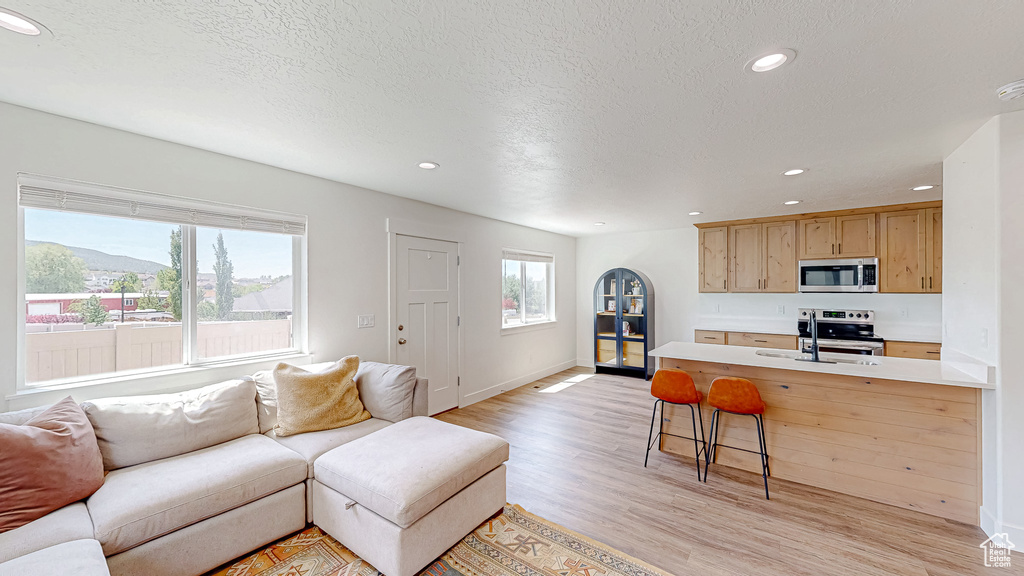 Living room featuring recessed lighting, light wood-style floors, baseboards, and a textured ceiling