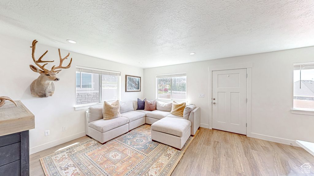 Living area featuring plenty of natural light, a textured ceiling, light wood-type flooring, recessed lighting, and baseboards