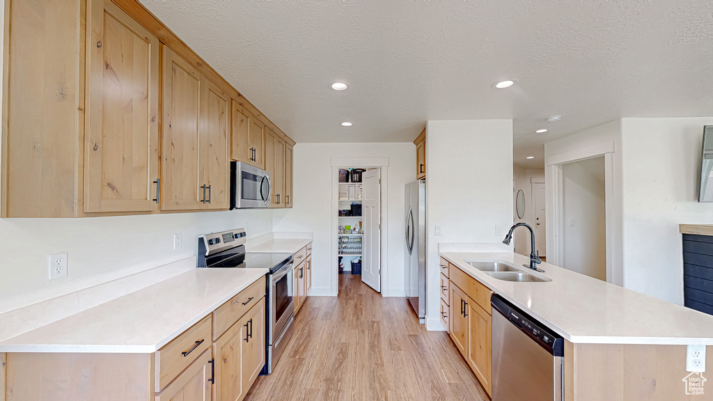 Kitchen with appliances with stainless steel finishes, a sink, a peninsula, light brown cabinetry, and recessed lighting
