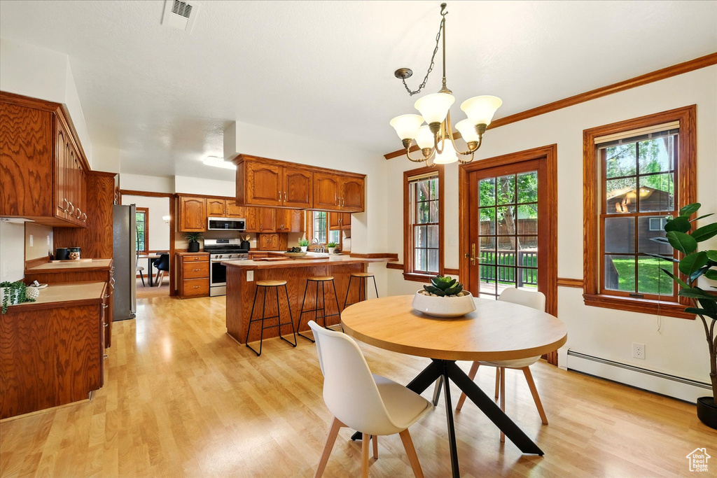 Dining room with a baseboard radiator, light wood-type flooring, and a chandelier