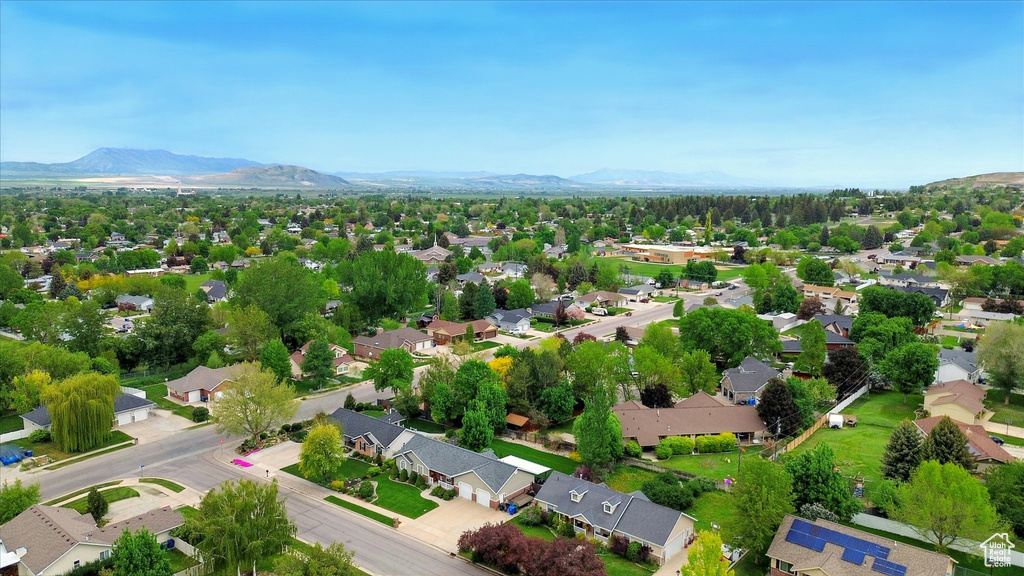 Aerial perspective of suburban area featuring mountains