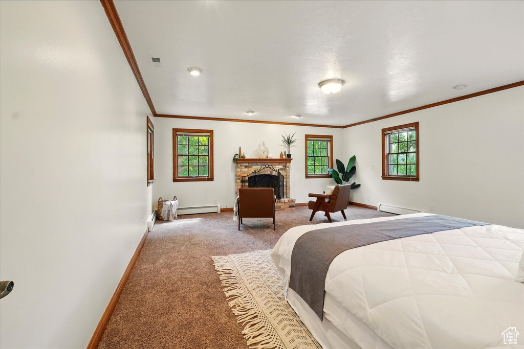 Carpeted bedroom with a baseboard radiator, crown molding, multiple windows, baseboards, and baseboard heating