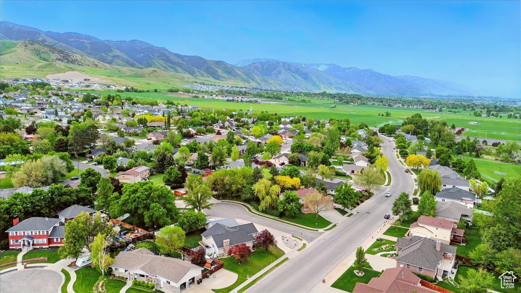 Aerial perspective of suburban area with mountains