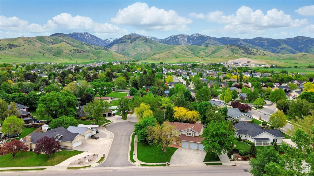 Aerial perspective of suburban area with mountains