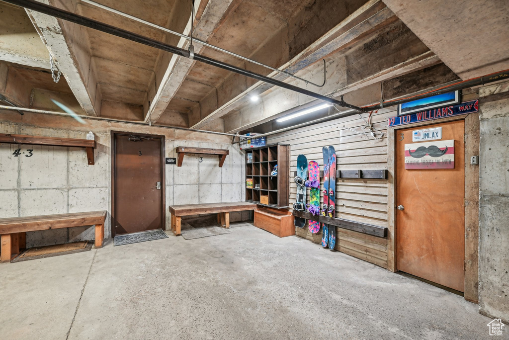 Basement featuring a workshop area