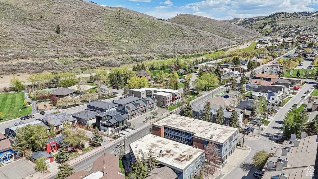 Bird's eye view of a mountainous background