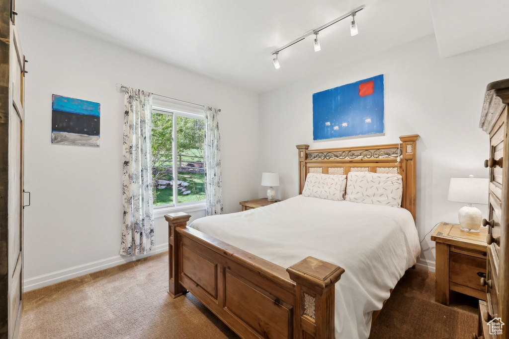 Bedroom featuring baseboards, rail lighting, and carpet flooring