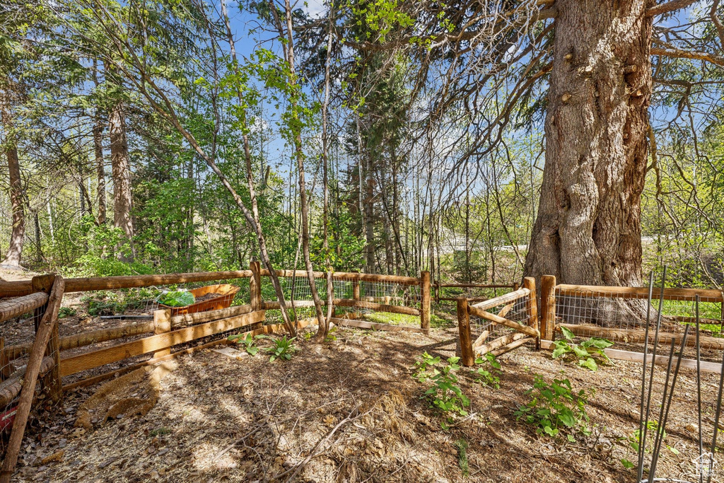 View of yard featuring fence