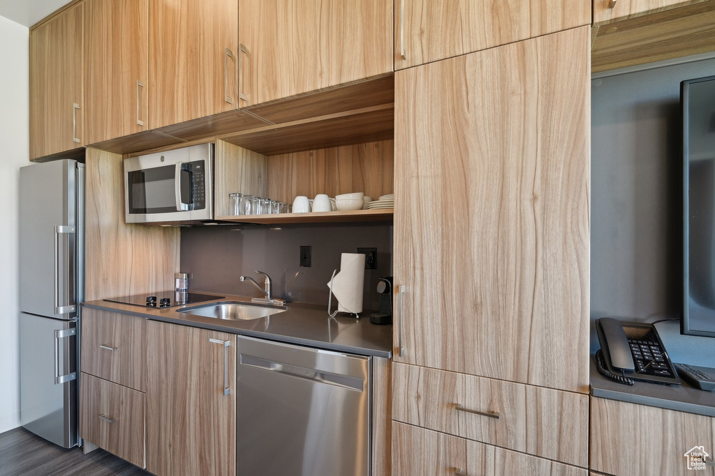 Kitchen featuring appliances with stainless steel finishes, a sink, modern cabinets, and light brown cabinetry