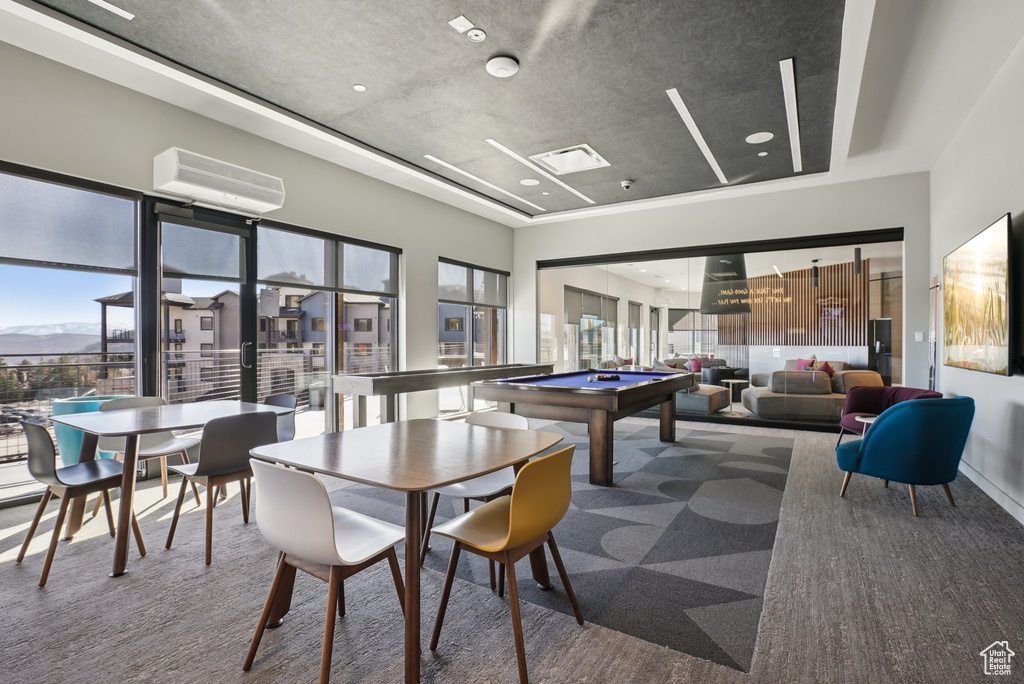Playroom with billiards, healthy amount of natural light, carpet, and a mountain view