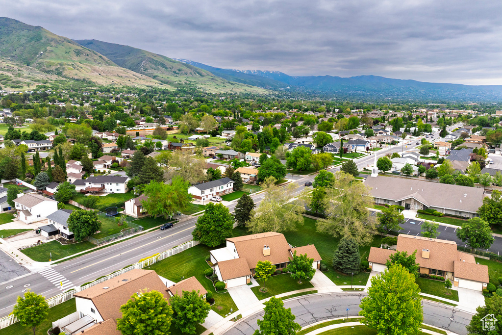 Aerial perspective of suburban area featuring mountains
