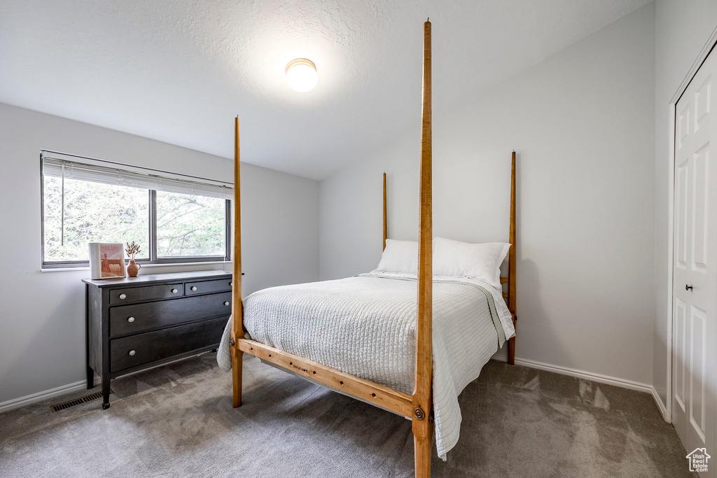 Carpeted bedroom featuring a closet, lofted ceiling, and baseboards