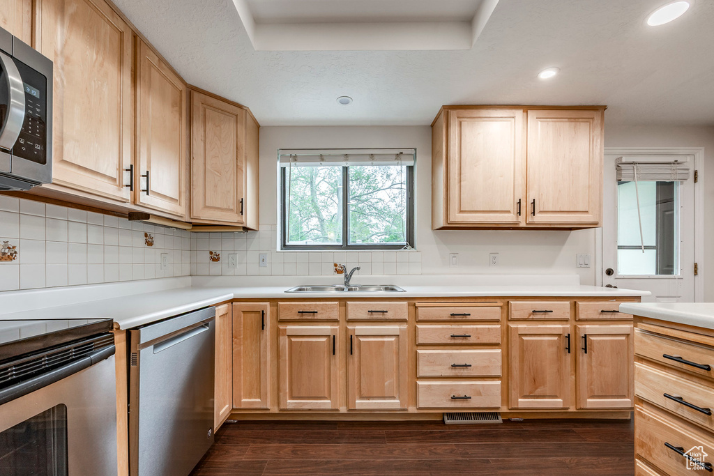 Kitchen with stainless steel appliances, light brown cabinetry, a sink, recessed lighting, and light countertops