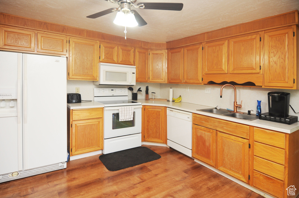 Kitchen featuring white appliances, a sink, light countertops, and light wood-style flooring