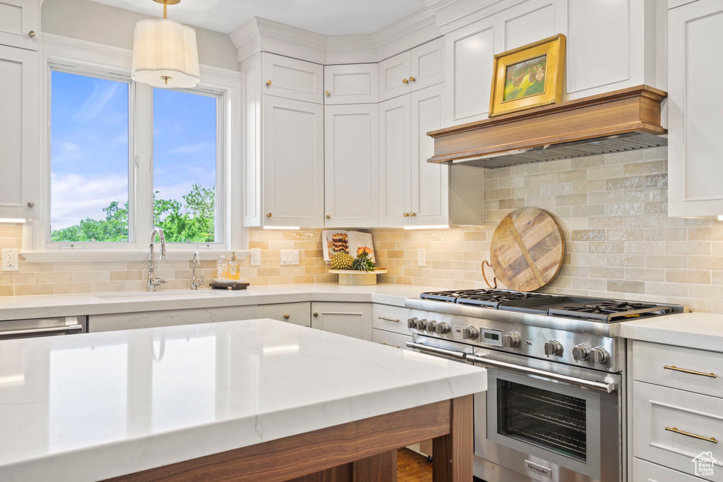 Kitchen featuring double oven range, a sink, white cabinets, and decorative backsplash
