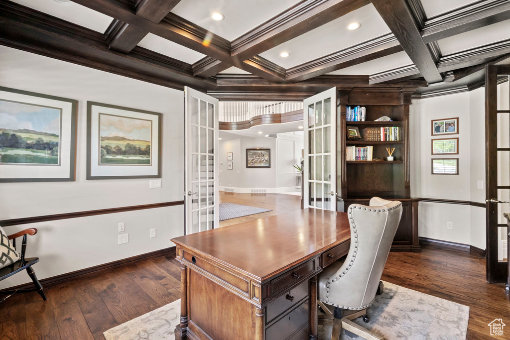 Office featuring french doors, wood-type flooring, coffered ceiling, baseboards, and beam ceiling