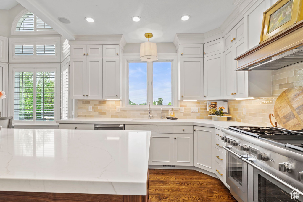 Kitchen with double oven range, range hood, a sink, white cabinetry, and dark wood finished floors