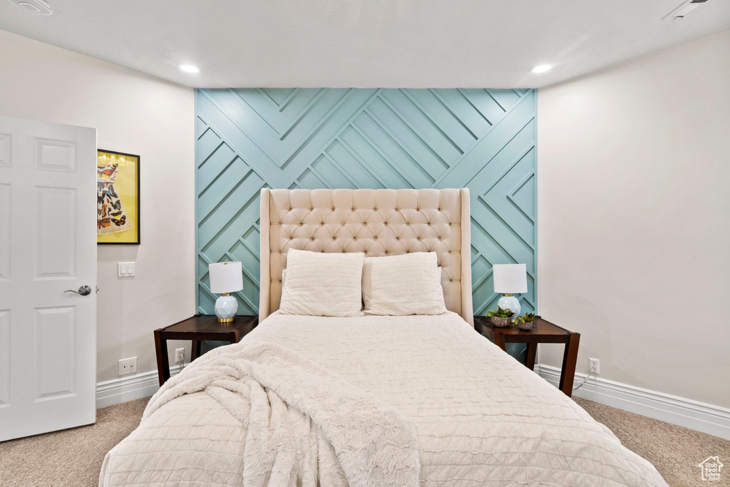 Bedroom featuring carpet floors, baseboards, and recessed lighting