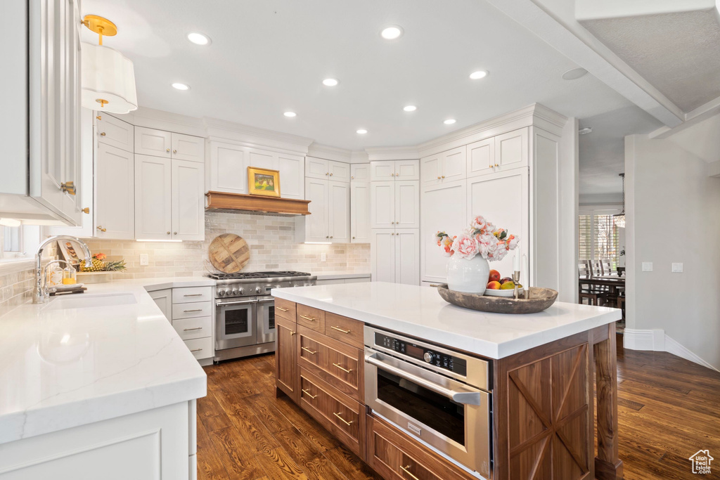 Kitchen with stainless steel appliances, a sink, tasteful backsplash, dark wood-type flooring, and white cabinetry