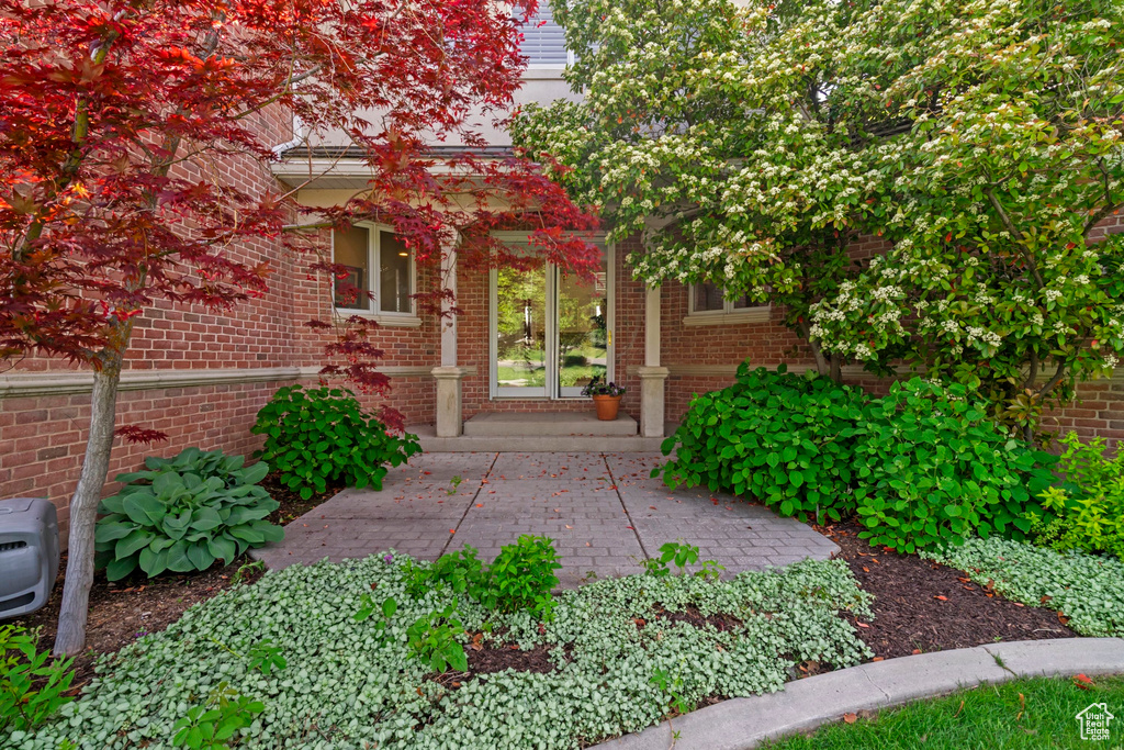 Entrance to property featuring brick siding