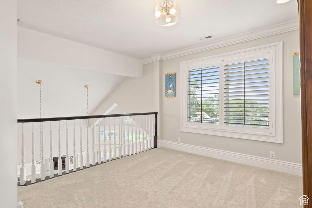 Spare room featuring baseboards, carpet floors, and crown molding