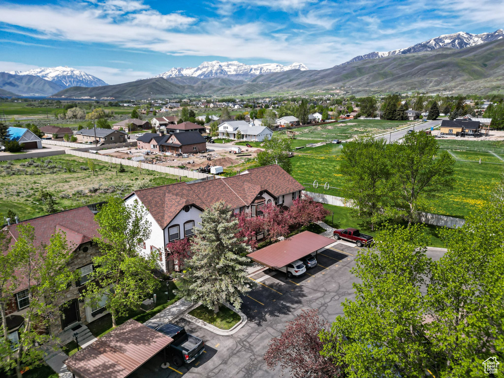 Aerial view of residential area with mountains