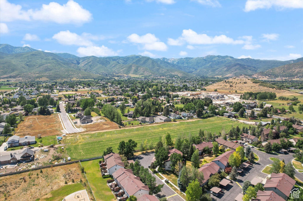 Aerial perspective of suburban area featuring a mountainous background