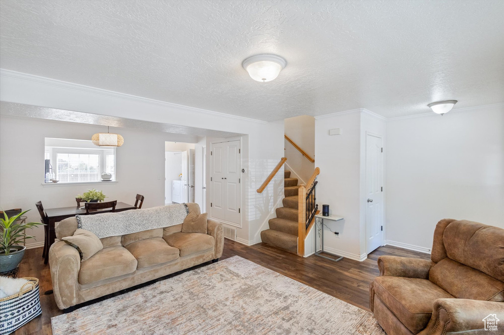 Living room featuring stairway, dark wood finished floors, a textured ceiling, and ornamental molding