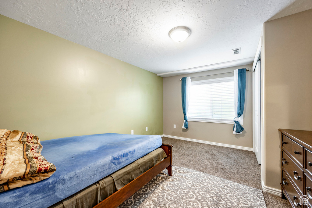 Carpeted bedroom featuring a textured ceiling, visible vents, and baseboards