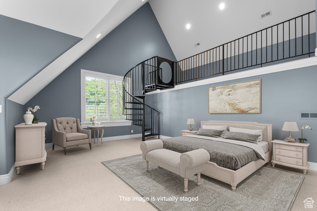 Bedroom featuring carpet floors, high vaulted ceiling, baseboards, and recessed lighting