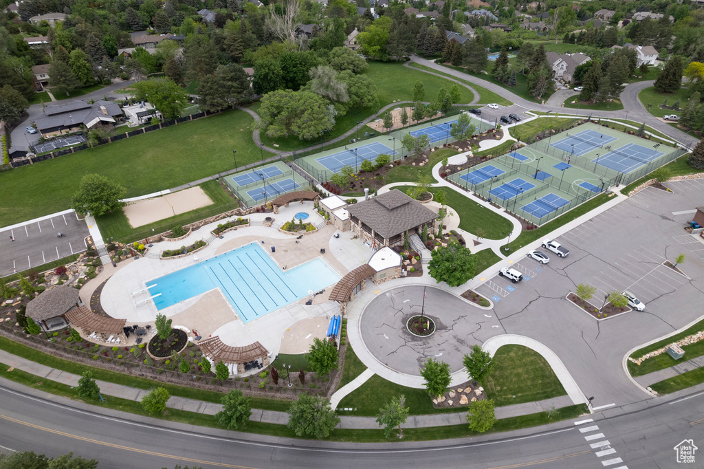 Drone / aerial view of a pool