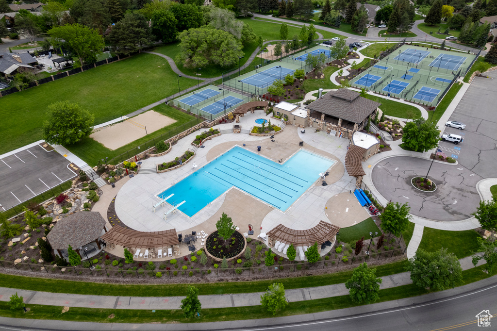 Drone / aerial view of a pool area