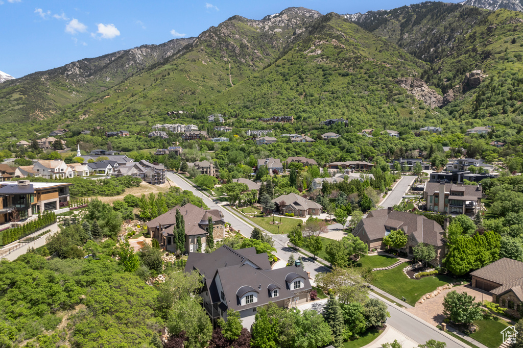 Aerial perspective of suburban area with a mountain backdrop